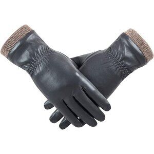 Women's  Dark Grey Winter Leather Gloves Wool Fleece Lined Thermal Touchscreen